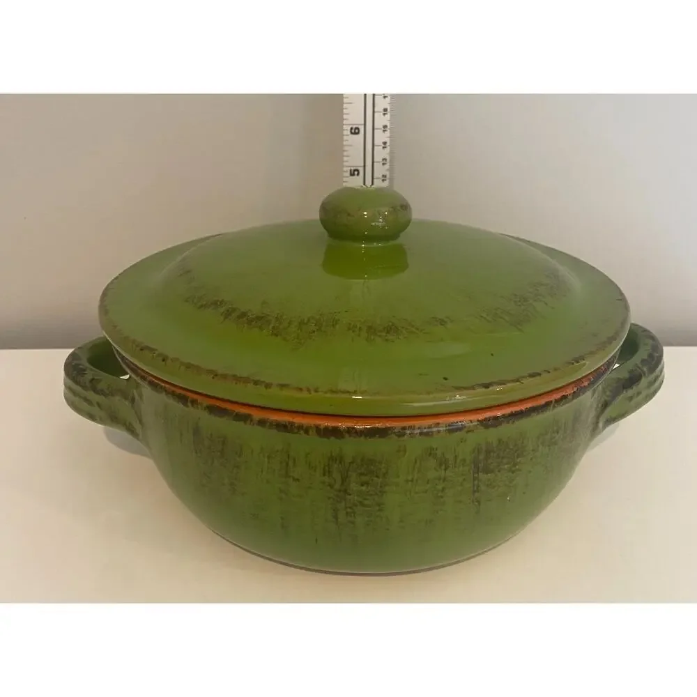 Vtg De Silva Pottery Terracotta Glazed Casserole Soup Bowl W/ Lid, Made in Italy
